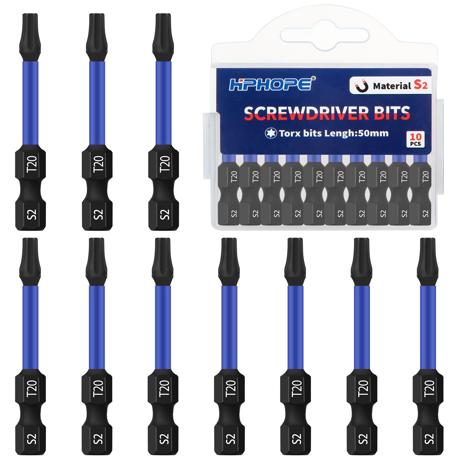 HPHOPE T20 Bit, Torx Bits T20, Bit-Sortiment, Länge: 50 mm, 10 Stück