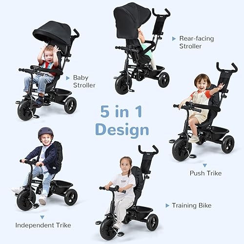Miniatura 3 de INFANS Triciclo para niños, triciclo para bebés 6 en 1 con asiento reversible, mango de empuje ajustable, dirección de control, toldo extraíble,