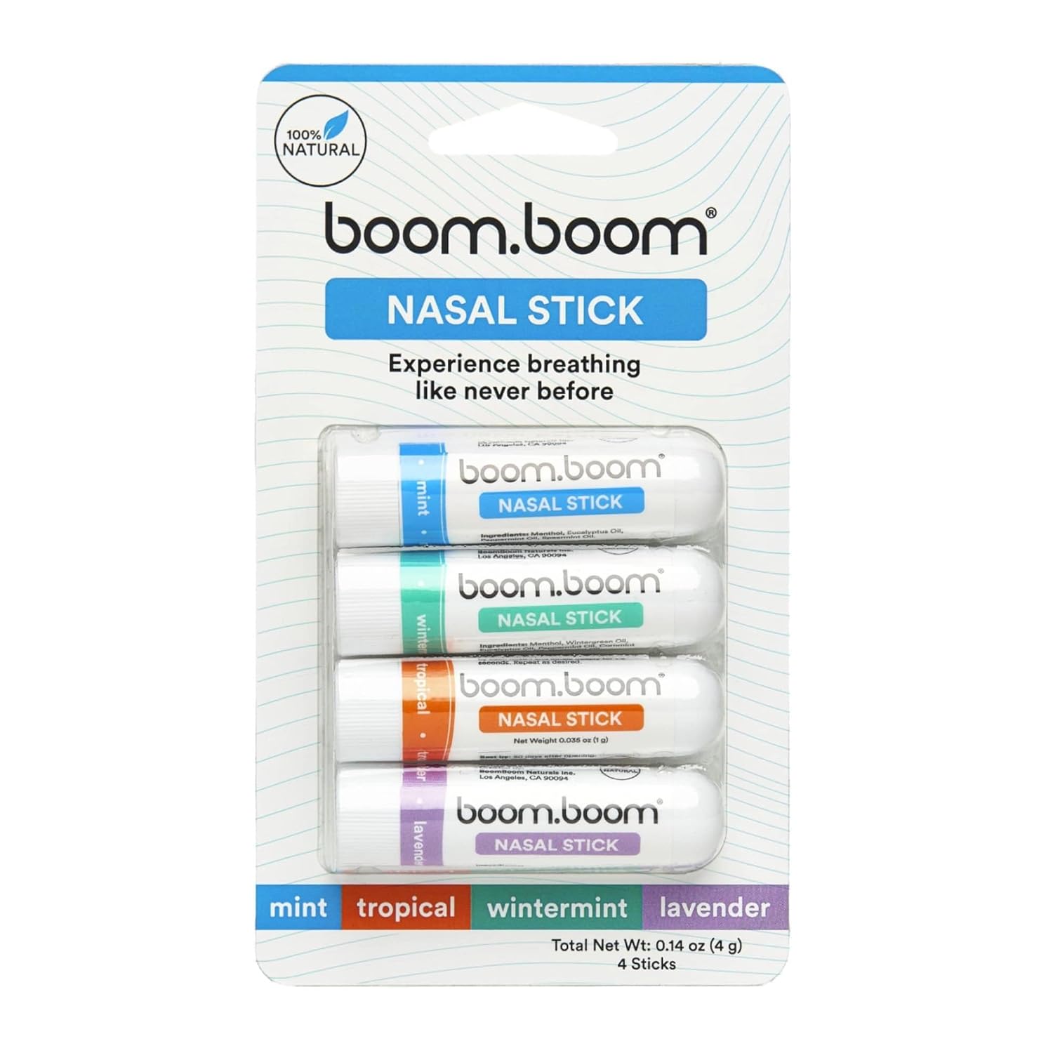 BoomBoom Nasal Stick 4 Pack | &ouml;kar fokusf&ouml;rb&auml;ttringar Andning | Ger f&auml;rsk kylning | Aromaterapiinhalator tillverkad med eteriska oljor Menthol Mint, Wintermint, Tropical, Lavender