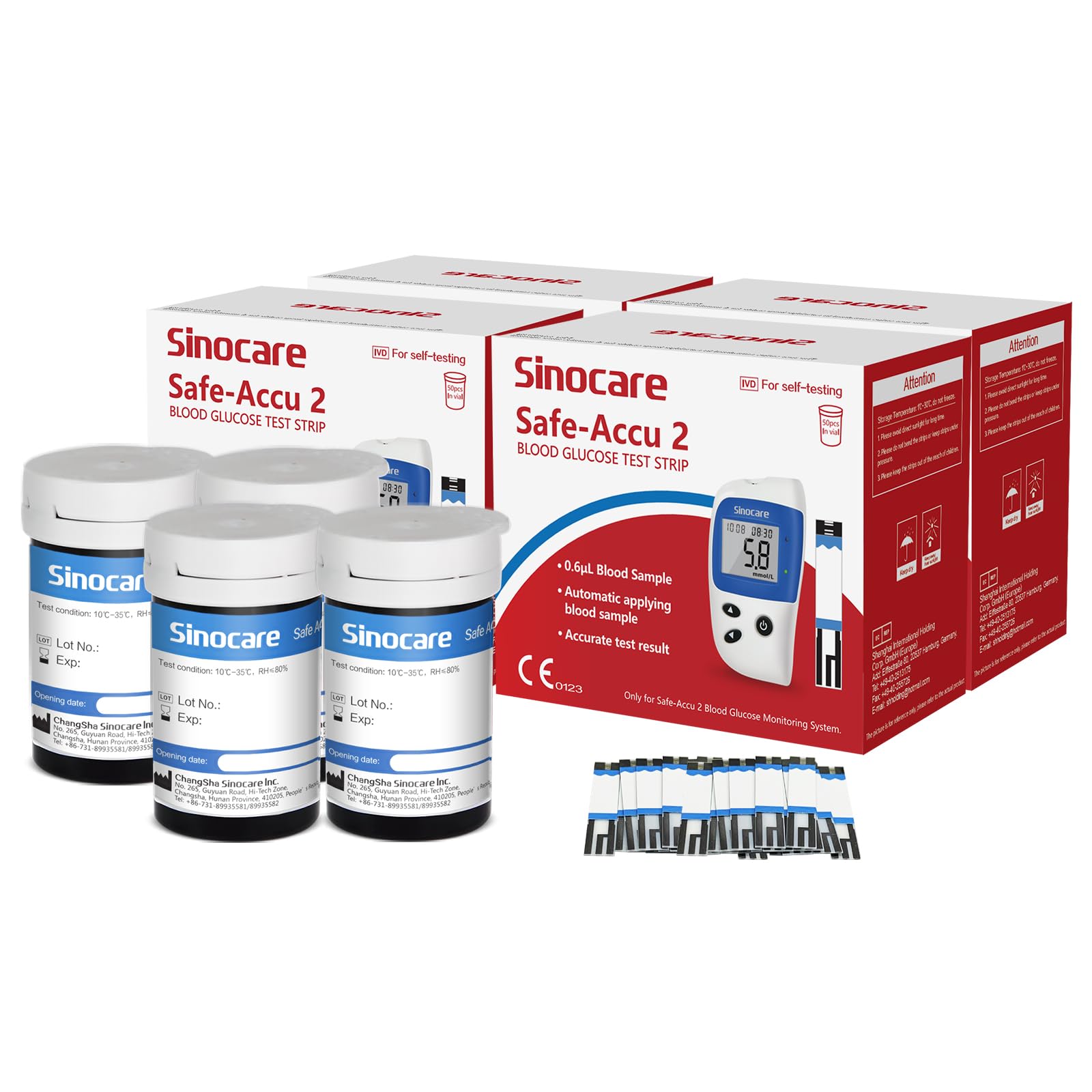 sinocare Tiras Glucosa sin Lancetas, 200 x Tiras de Prueba de Glucosa solo para sinocare safe-accu2, Medidor de glucosa en sangre tiras de prueba diabetes strips reactivas Certificado ClimatePartner