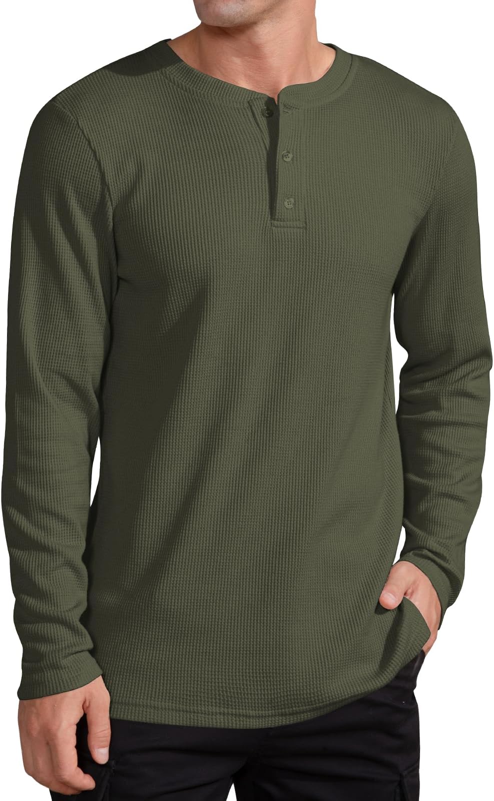 QUALFORTMen's Waffle Henley Shirt, Long Sleeve Cotton Blend Thermal Pullover Top