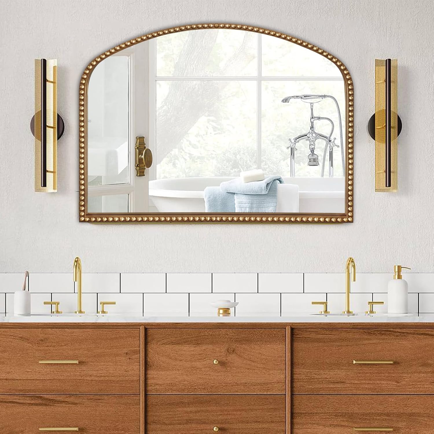 BAODANFU Vanity Mirror for Bedroom, 35" x 28" Large Arch Vintage Gold Wall Mirror, Beaded Frame Decorative Accent Mirrors for Washroom, Living Room, Entryway, Bathroom, Fireplace Vintage Gold 28"L x 35"W