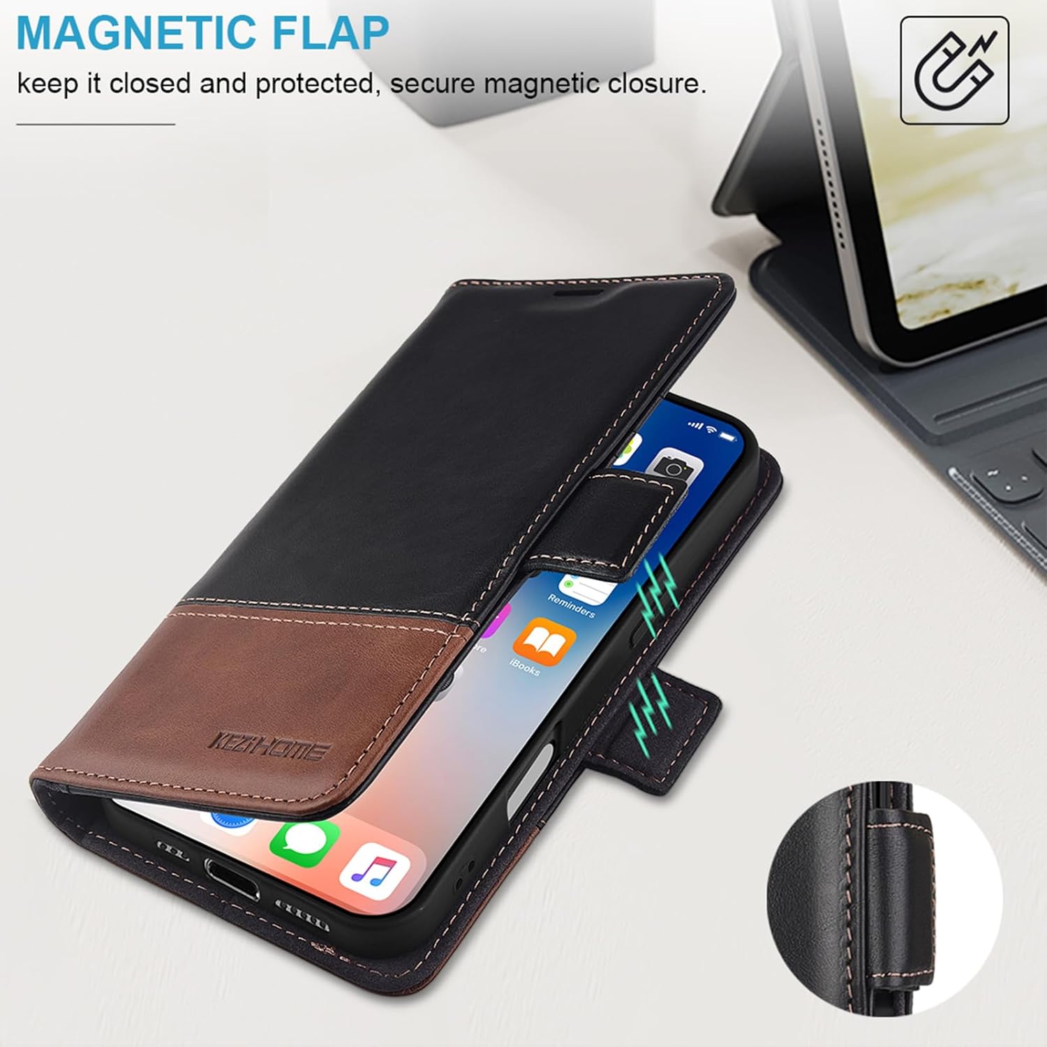 KEZiHOME Compatible with iPhone 16 Wallet Case, Genuine Leather RFID Blocking Folio Case with Card Holder, Magnetic Kickstand Phone Protective Flip Cover Case for iPhone 16 5G 6.1 inch (Black/Brown)