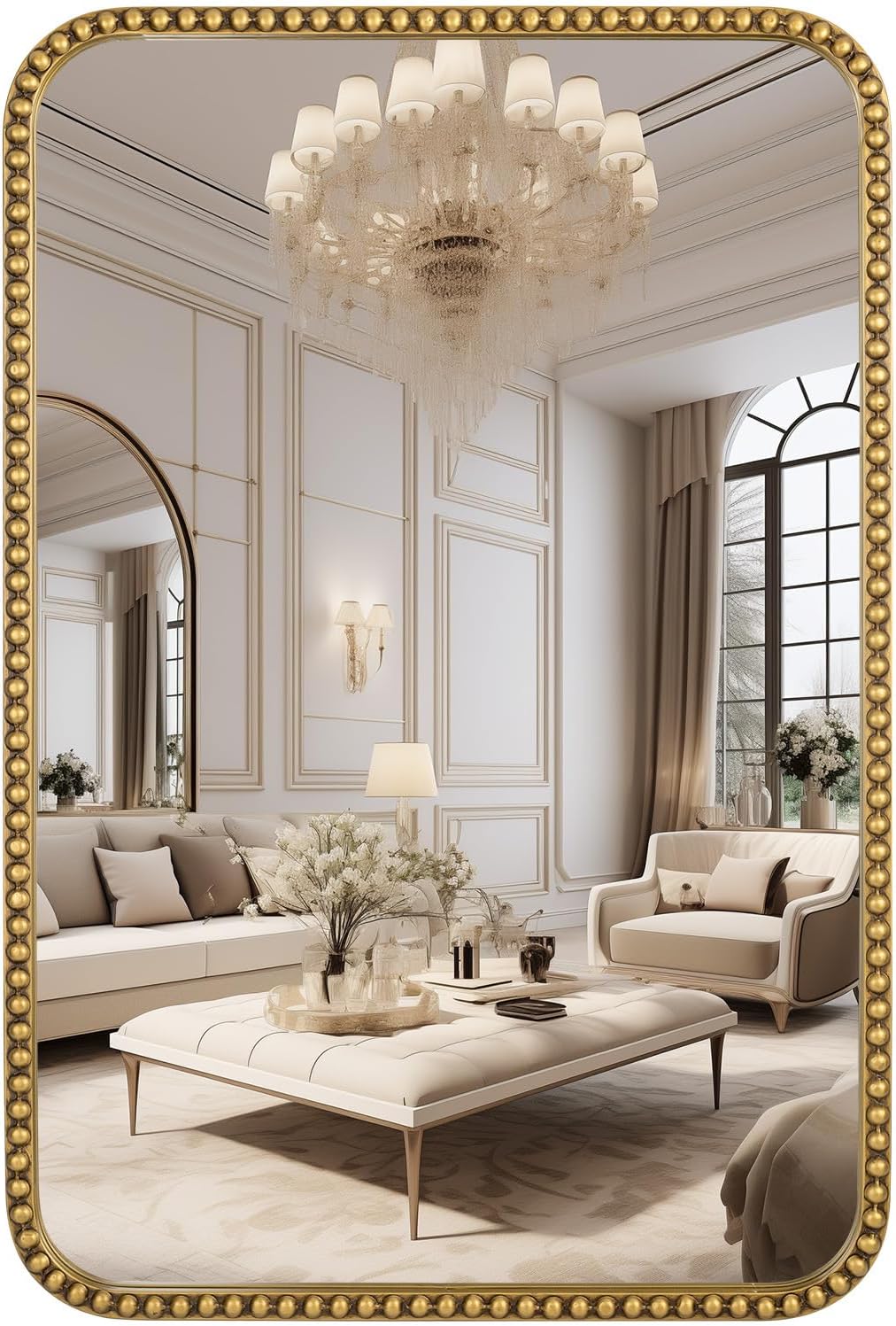 Wall Mirror for Bathroom - 20"x30" Rectangle Rounded Corner Beaded Frame Mirror, Large Vanity Mirror Hangs Horizontal or Vertical, Antique Gold 30"L x 20"W Gold Rectangle