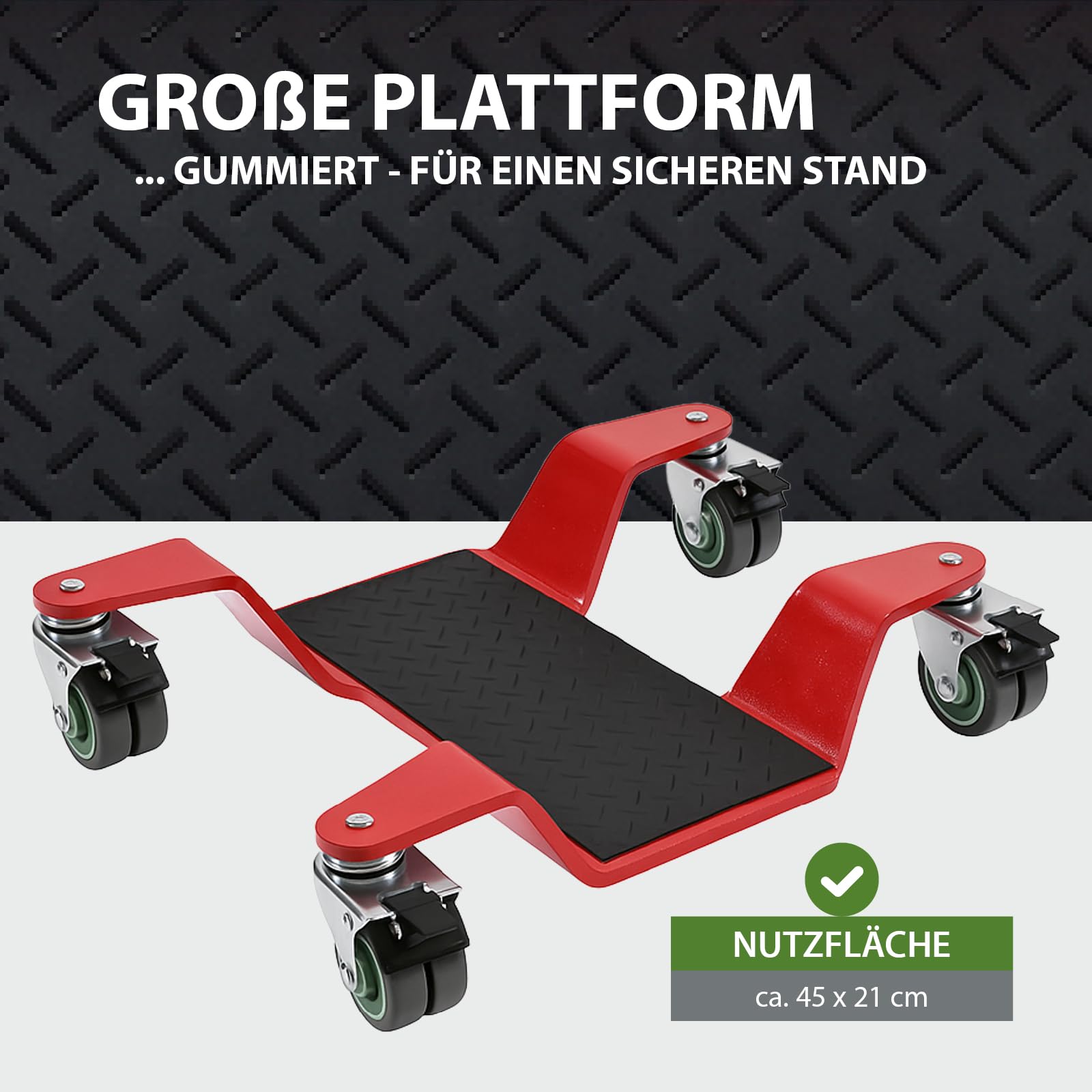TRUTZHOLM Rangierhilfe für Motorrad mit Hauptständer Tragkraft 450 kg Rangierplatte extra-flach mit 4x Doppenrollen 360° schwenkbar und 4x Feststellbremse Rangierroller 10 mm dicker Stahl in rot