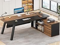 SEDETA 71" L-Shaped Executive Desk with File Cabinet, Drawers, Shelves & Power Outlets - Walnut Home Office Workstation