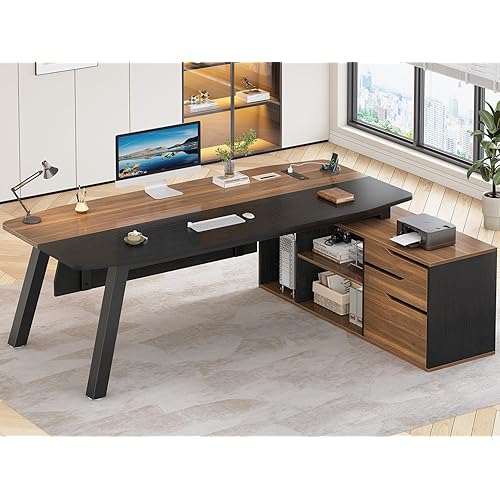 SEDETA 71" Executive Desk with File Cabinet, Large Office Desk with Drawers and Shelves, L Shaped Computer Desk with Power Outlets, Business Furniture Desk Workstation for Home Office, Walnut