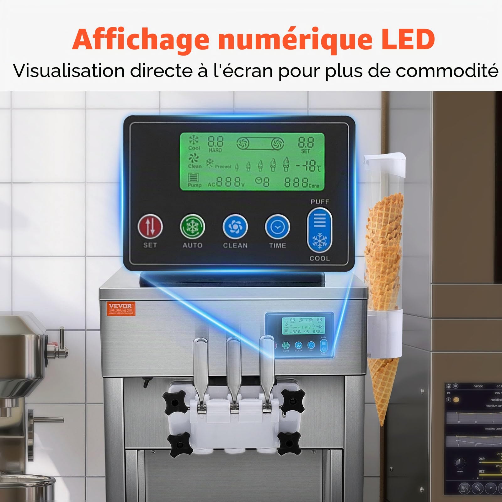 VEVOR Machine à Crème Glacée Commerciale 20 L/h 1800 W 3 Saveurs, Machine à Glace Italienne Trémie 2x4 L, Pré-Réfrigération, Nettoyage Automatique, pour Yaourt Café Snack-Bar Restaurant Supermarché