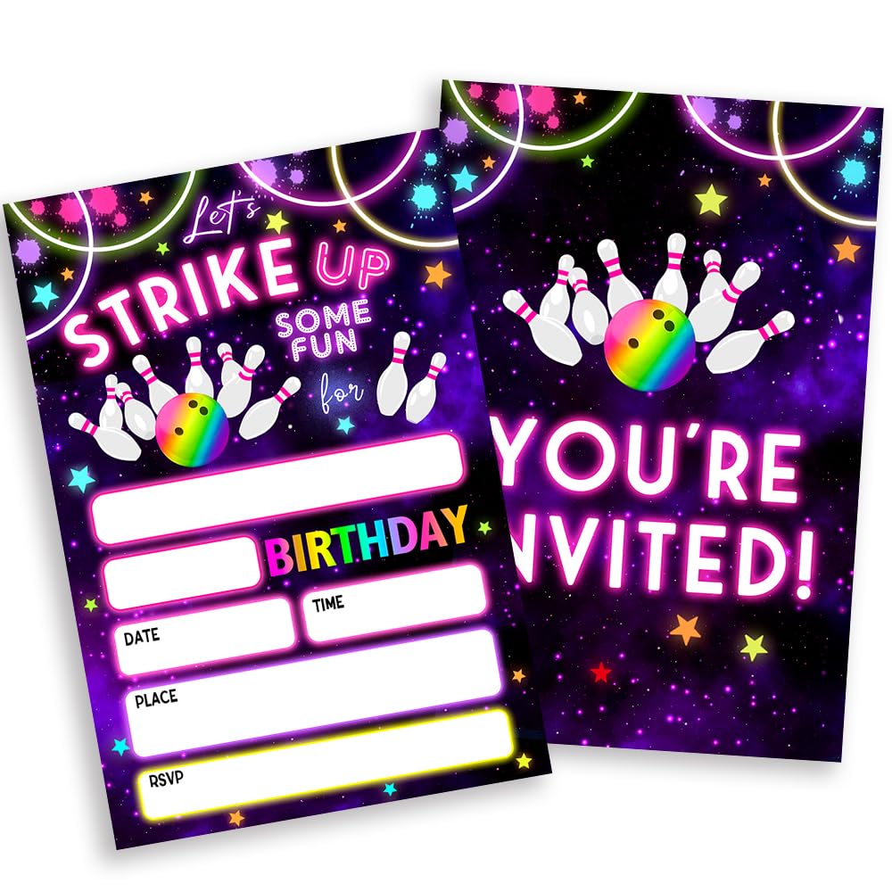 Bowling Birthday Party Invitations, Double-Sided Neon Glow Themed Bowling Invitations for Boys Girls, Let's Strike Up Party Celebration, Set of 20