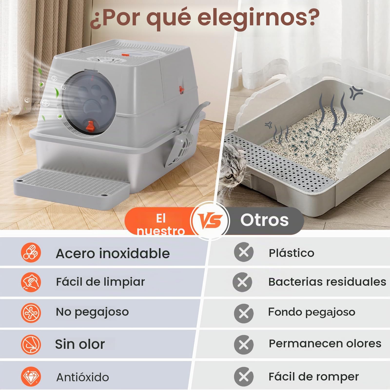 Arenero para gatos de acero inoxidable - Cubierto, adecuado para gatos pequeños, medianos y grandes, fácil de limpiar, control de olores, superficie antiadherente, extraíble, tapa abatible de 180°