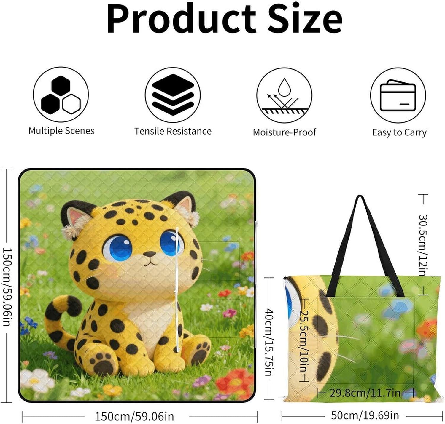 Flower Field Leopard Picnic Blanket with Zipper Water Resistant Sand Free Picnic Mat Washable Foldable Easy Carry Beach Blanket for Lawn Beach Hiking Camping