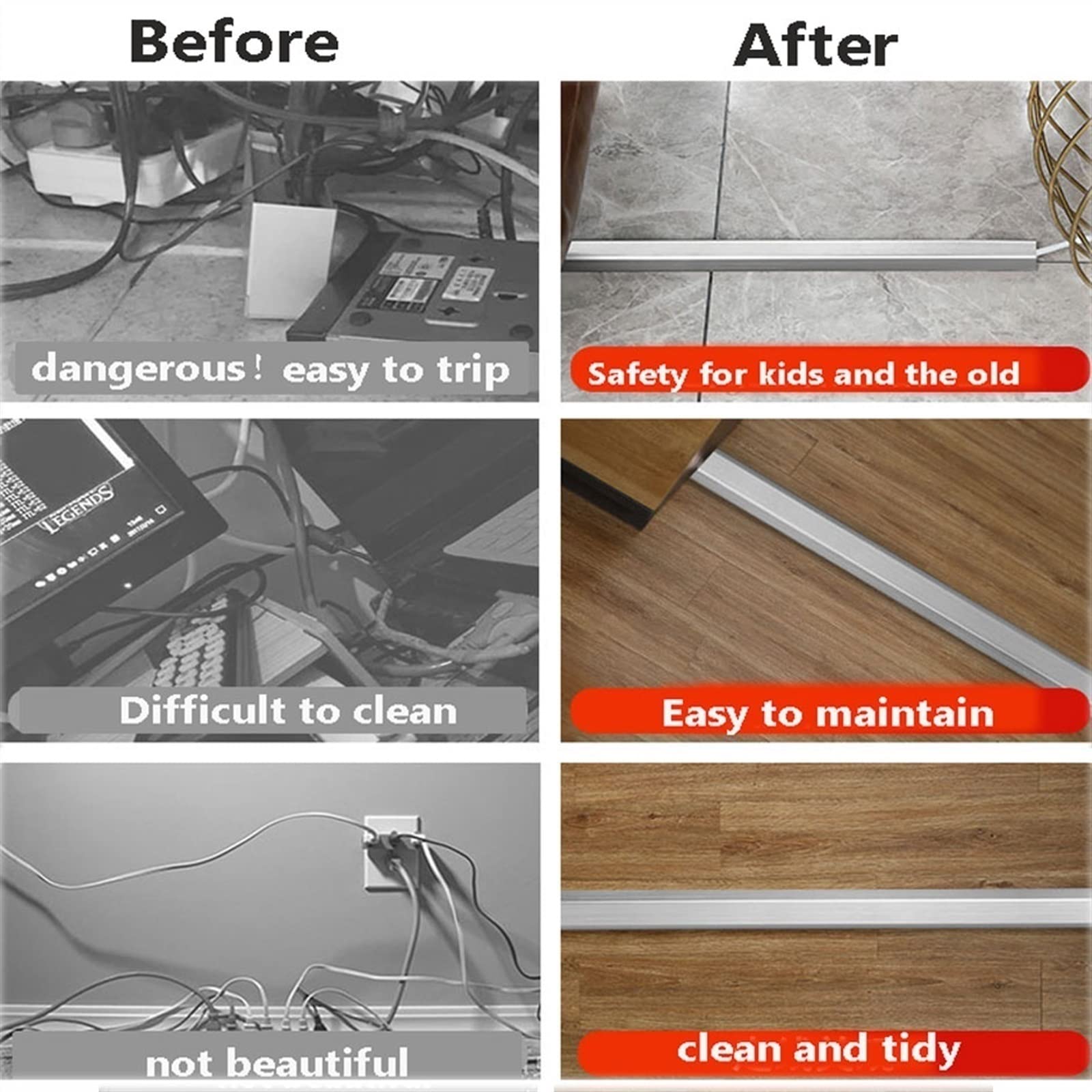 1m cubierta de suelo para cable, Acero inoxidable canaleta pasacables para suelo, Protector de cable de alimentación autoadhesivo Cubierta de cable de piso, Tira de agarre de cable, cubierta de cable