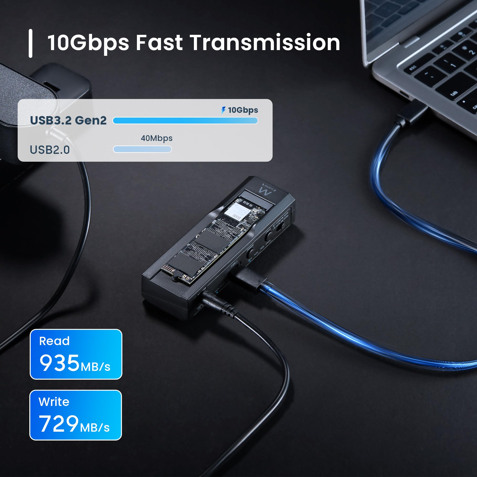 Ewent Dock Clone Offline Dual-Bay do SSD NVMe i HDD/SSD SATA 2,5″/3,5″,2230/2242/2260/2280, UASP, 10 Gbps USB3.2 Gen2, dwukierunkowe klonowanie bez komputera, bez użycia narzędzi, wskaźniki stanu LED