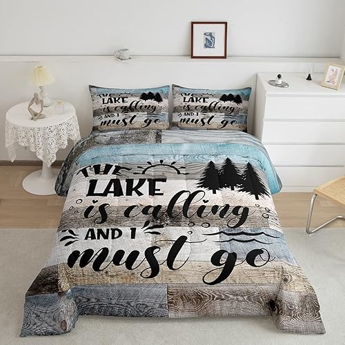 Juego de edredón rústico de casa de lago, tamaño individual, para niñas, niños, decoración de habitación de cabaña, pino negro y citas divertidas,