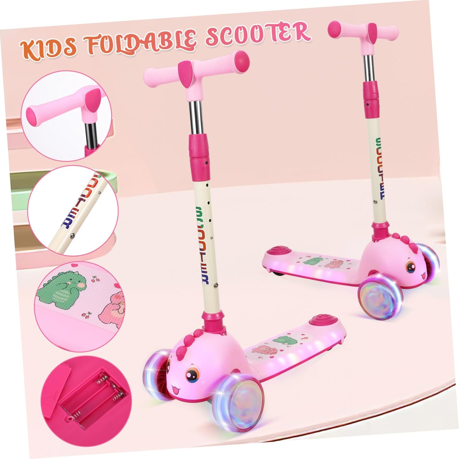 GALPADA Foldable Kick Scooter with Light-up Flashing Wheels Adjustable Handlebar for Ages Portable Outdoor for Active Play and Easy Storage