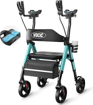 VOCIC Walkers for Seniors, Upright Walker with Adjustable Armrests, Z22 GelSoft Stand Up Walker with Ergo Seat & Backrest, 8" All Terrain Rollator with 300lb,Cup& Cane Holder