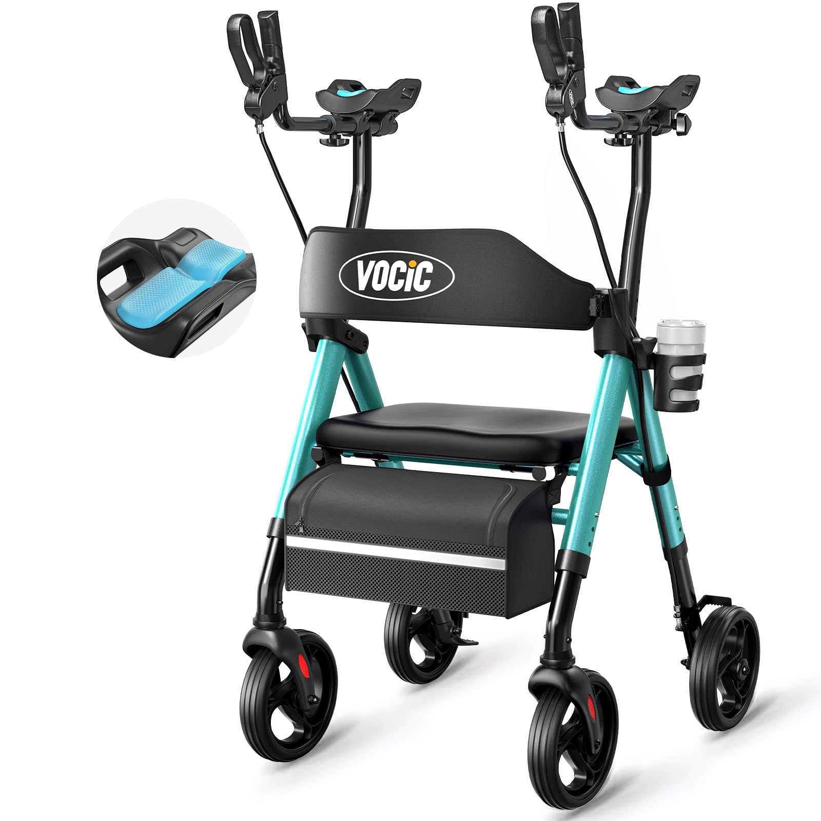 VOCIC Walker per anziani, deambulatore verticale con braccioli regolabili, Z22 GelCool Stand Up Walker con sedile e schienale Ergo, deambulatore per tutti i terreni da 20,3 cm con 136 kg, supporto per