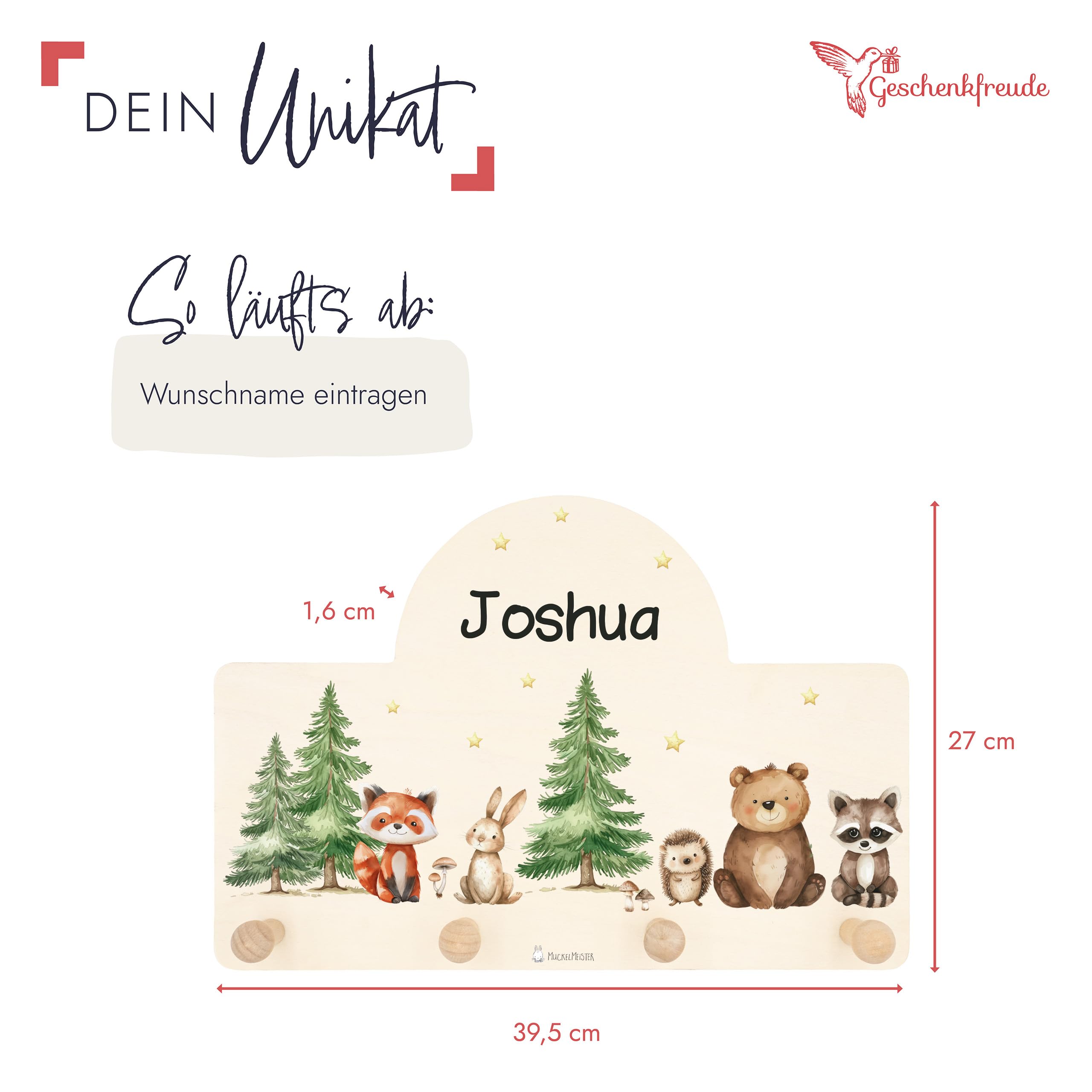 Geschenkfreude Personalsierte Kindergarderobe mit Namen aus Holz - Kinder Garderoben Waldtiere - einzigartige Kinderzimmer Deko - Wandgarderobe - Baby Garderobe - Kleiderhaken für Kinder
