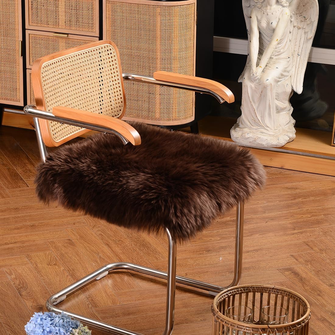 IRIWOOL Square Fur Sheepskin Chair Cover Seat Cushion Pad Super Soft Area Rugs for Living Bedroom Sofa 18" x 18" (Mocha, 18" x 18" (Pack of 1))