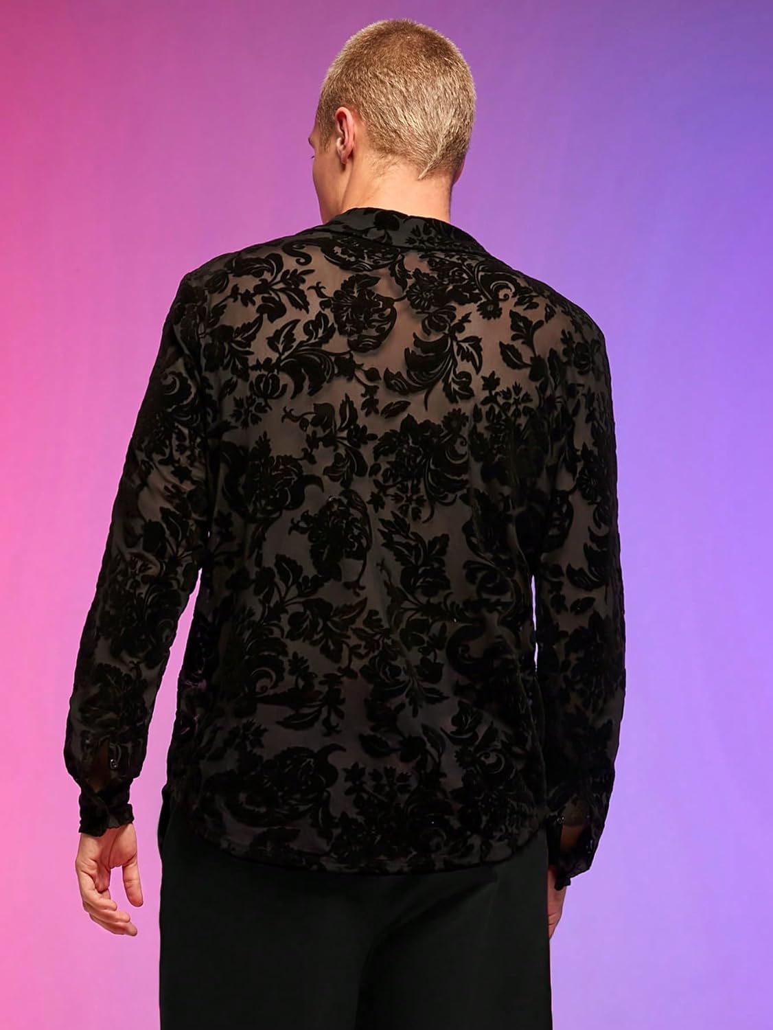 WDIRARA Men's See Through Mesh Shirt Collared Long Sleeve Textured Shirt Tops - Image 2