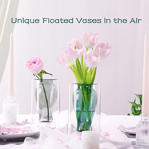 Miniatura 5 de ZENS Florero pequeño único, moderno florero decorativo flotante, jarrón de vidrio verde doble hueco, florero soplado a mano para ramo pequeño del