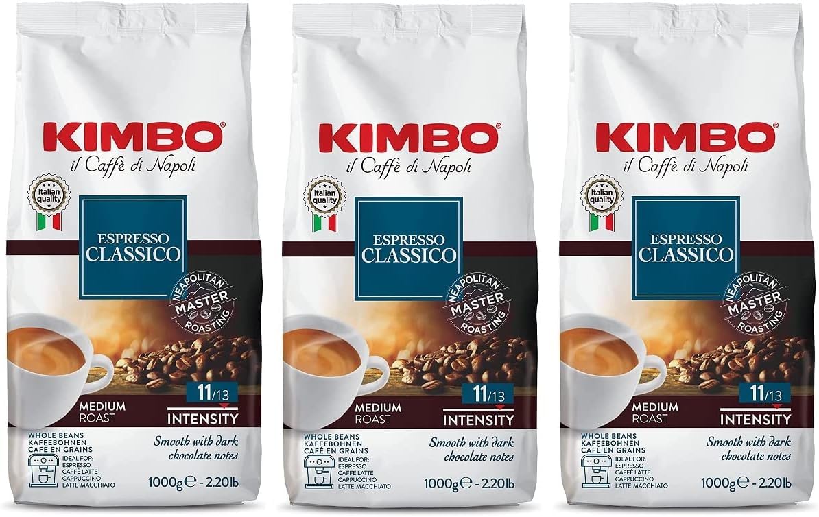 Kimbo Espresso Classico – 3 Bolsas x 1 kg Granos de Café – Tostado Medio – Mezcla Arabica/Robusta – Intenso y Aromático