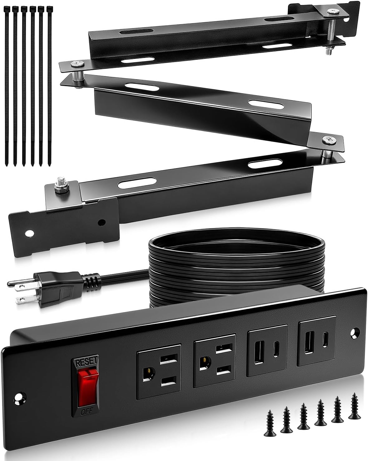Compact in-Drawer Charging Station Power Strip with PD 20W USB Ports*2 AC Outlets*2 15A TR USB QC Ports*2 6.56FT Power Cord, Aluminum Cable Arm for Bathroom, Kitchen, Bedroom, Office Cabinets