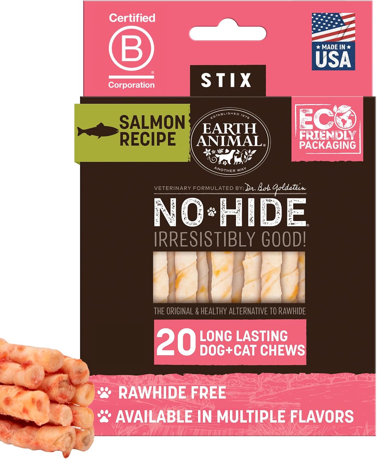 Earth Animal No Hide Stix - Rawhide Free Dog Chews Sticks 20 Count Salmon