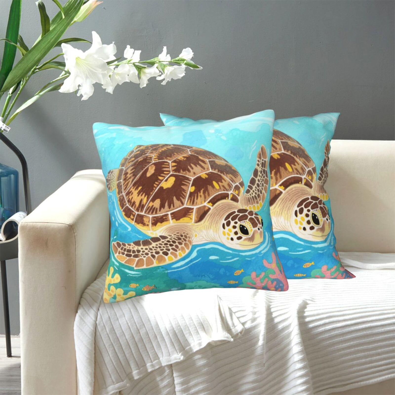 FekiLoot Decorative Throw Pillow Covers Modern Farmhouse Pillowcase Double Sided Cozy Cushion Cover for Sofa Couch Bed 20"X20" Watercolor Wild Turtle