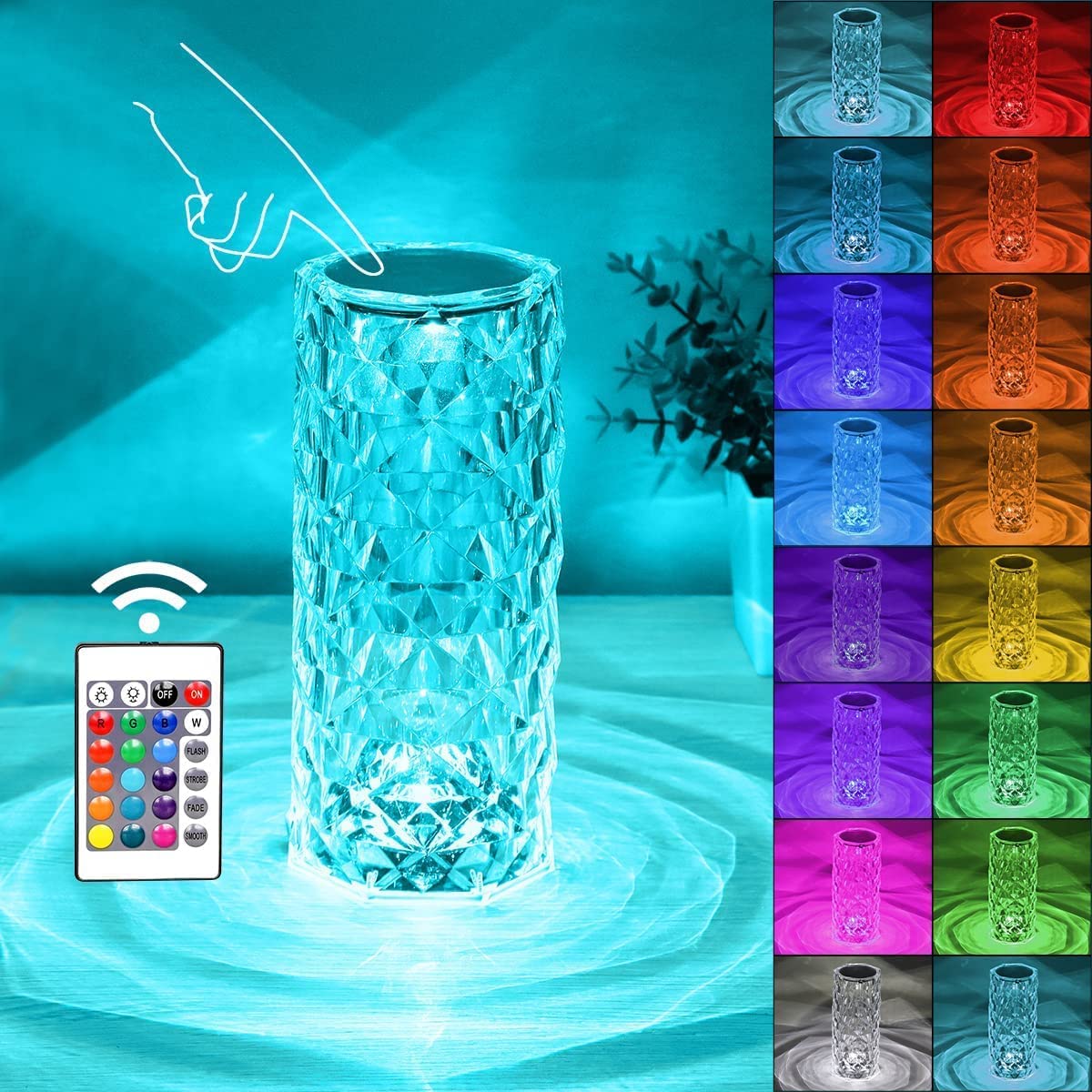 Mahek LED Table Lamp 16 Colors with Remote Control Crystal Rose Diamond Touch Control USB Desk Lamp for Bedroom, Living Room (Pack of 1 Multicolor, Rechargeable)