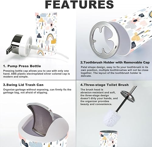 Miniatura 4 de Juego de accesorios de baño de 6 piezas con diseño de gotas de lluvia, arco iris, sol, lindo soporte para cepillos de dientes, vaso para cepillos de