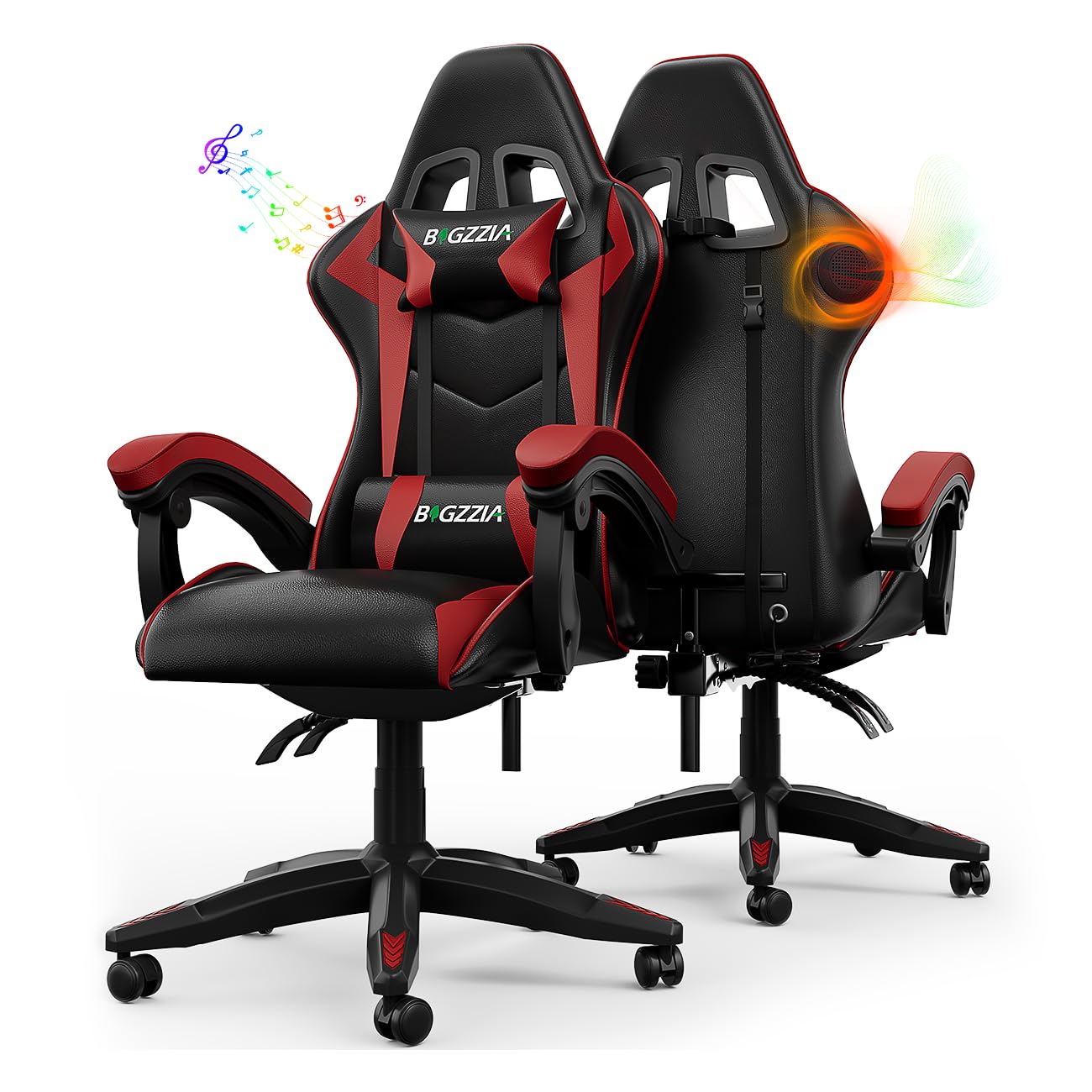 bigzzia Gaming Chair with Bluetooth Speaker, Gaming Chair with Lumbar Support, Adjustable and Swivel Office Chair with a Load Capacity of 150 kg for Adults and Children (Black Red) — image 1