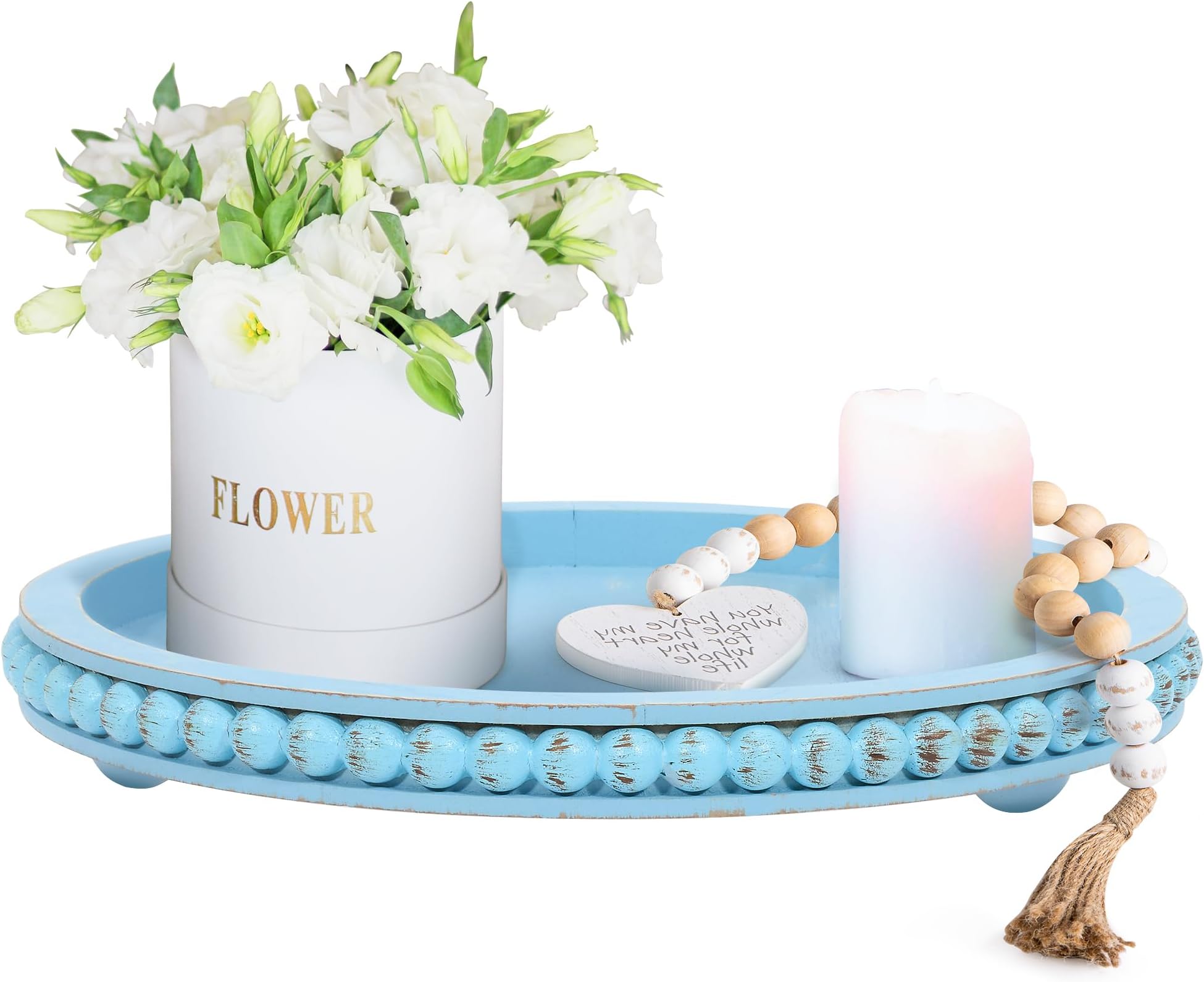 HPC Decor 12in Round Blue Wood Beaded Tray - Decorative Living Room, Coffee Table, Kitchen Table, Dining Room or Farmhouse Serving Tray