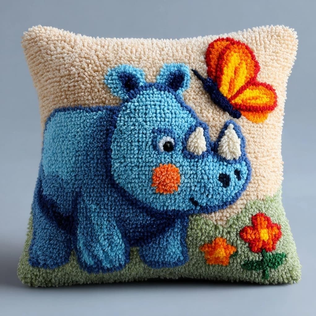 Axiangzik Rhinoceros And Butterfly Latch Hook Cushion Kit For Beginners,