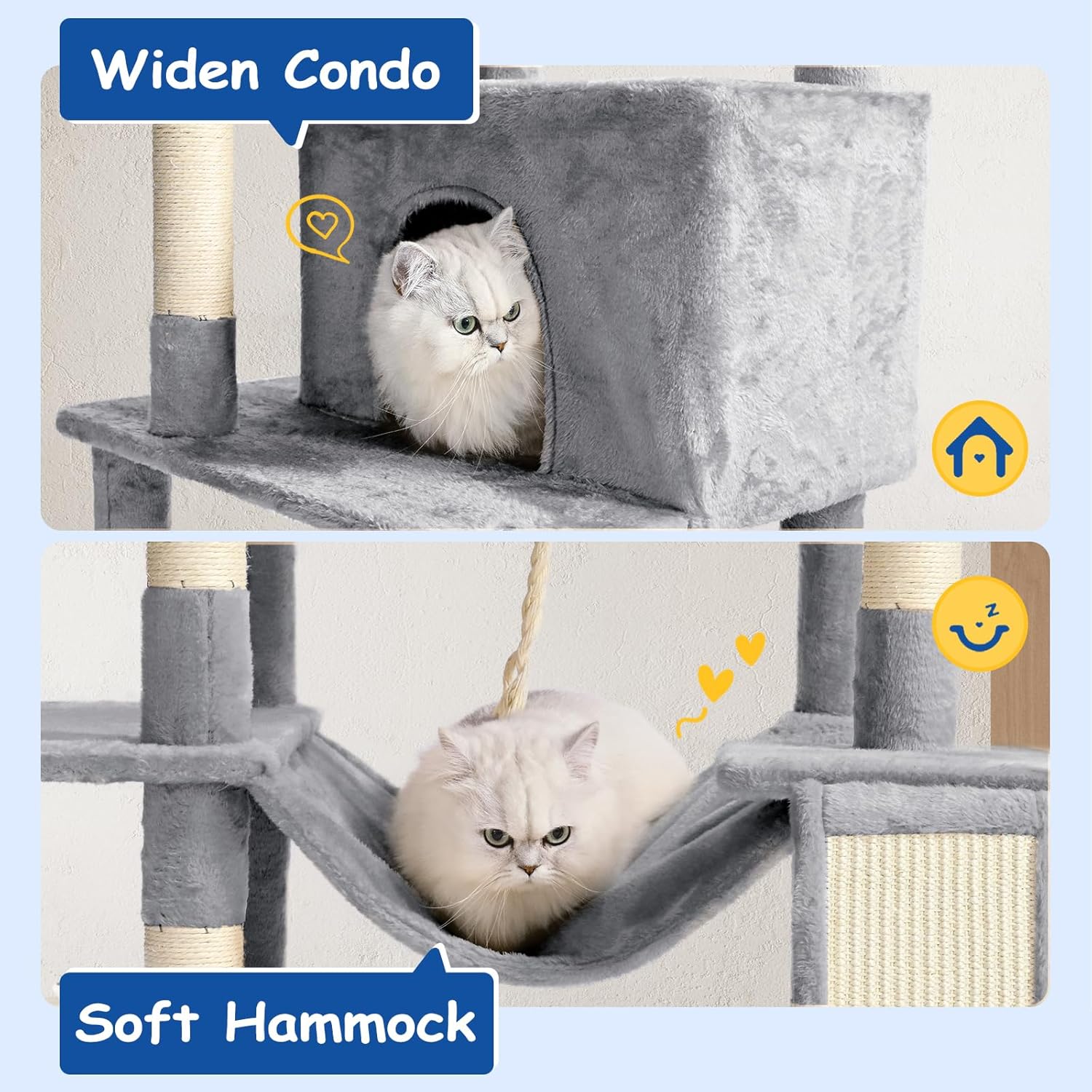 Cat Craft Cat Tree 63 Inch Cat Tower for Indoor Cats, Multi-Level Cat Tree for Large Cats 20 lbs+ Heavy Duty Cat Tower with Sisal Scratching Posts, Hammock, Condo and Extended Platform, Light Grey