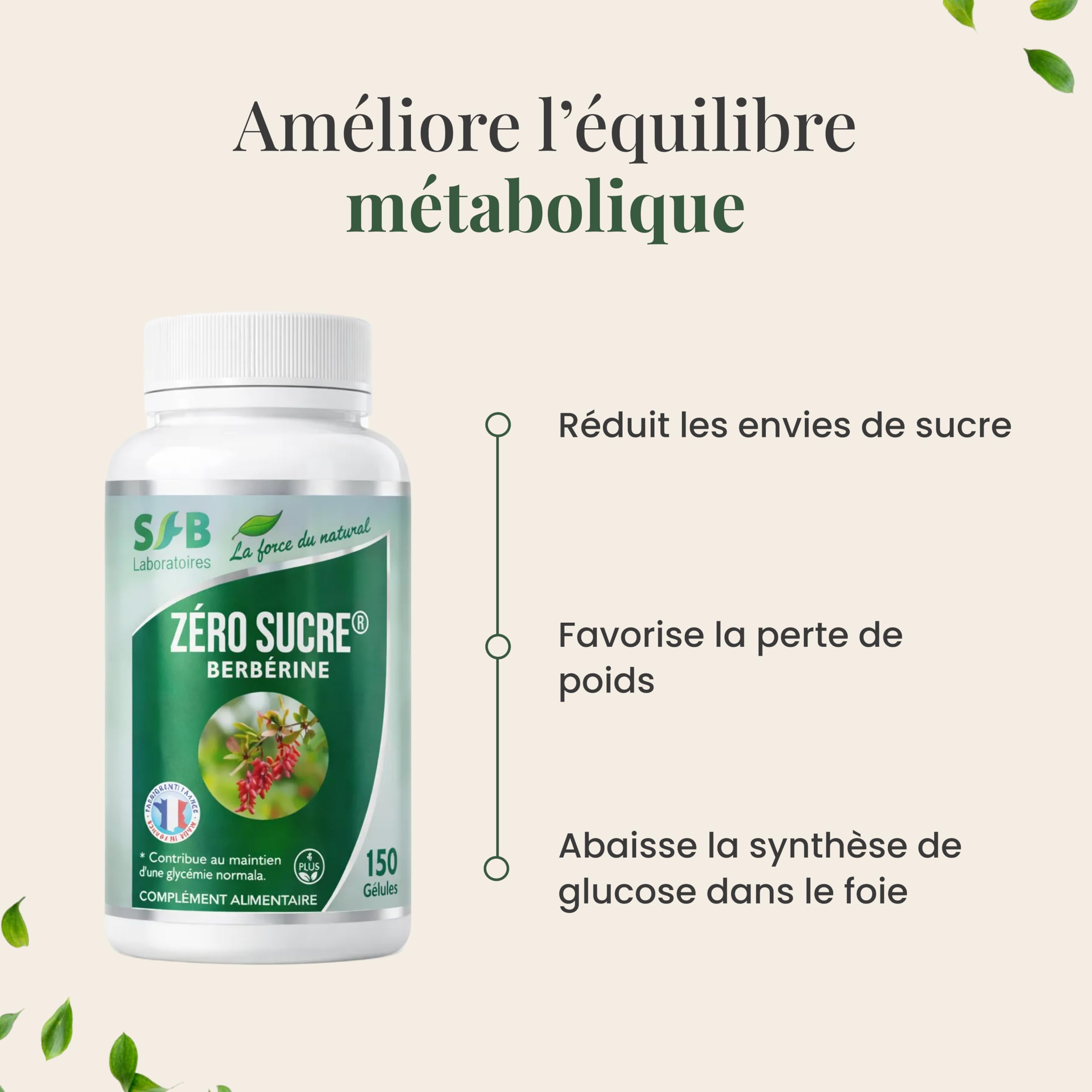 SFB Laboratoires Berbérine BIO 1200mg Haute Qualité, Chrome - Minceur et Régulation du Sucre, Soutient la Digestion & Métabolisme - Extrait Naturel - 3 mois traitement - 150 Gélules
