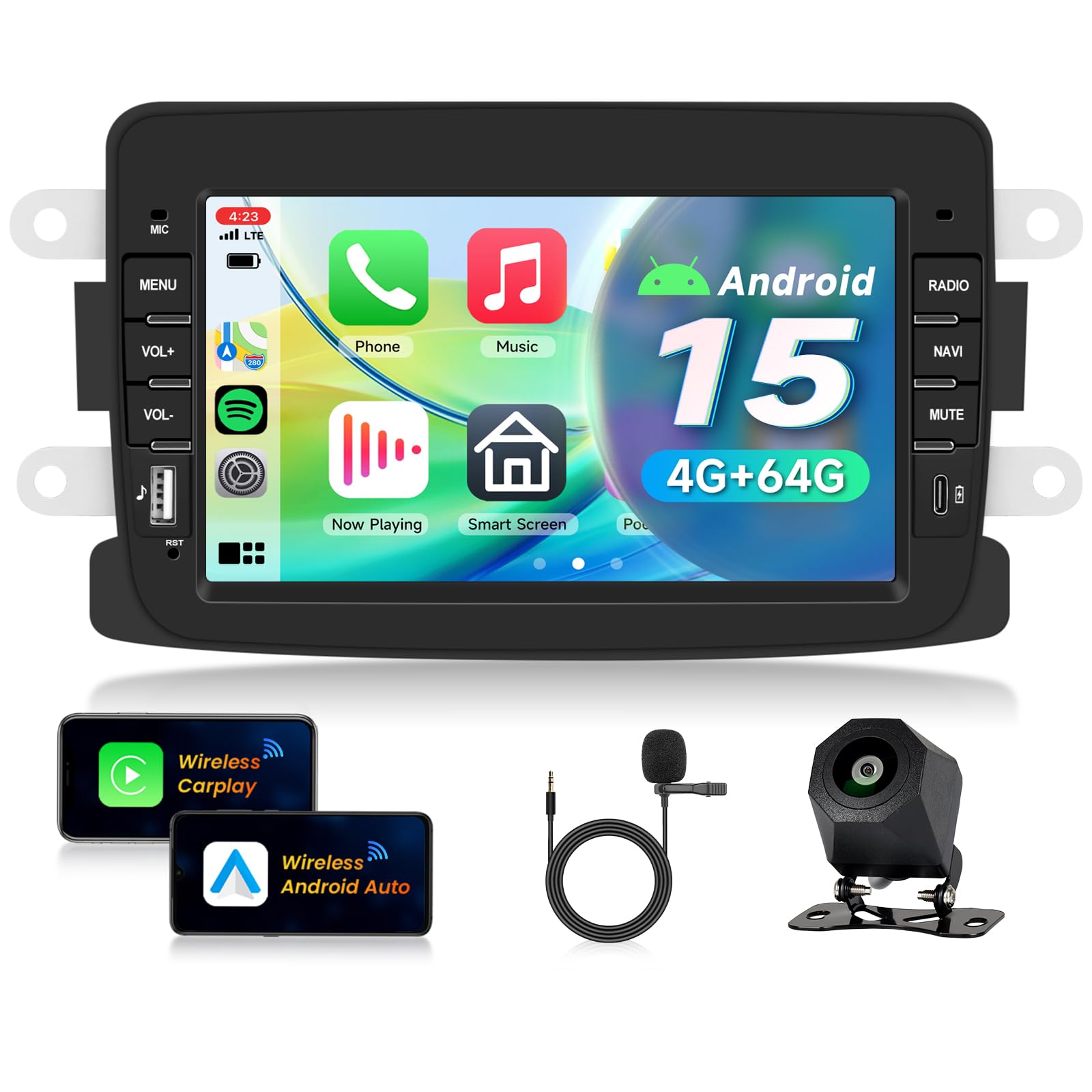 VECHTEL Radio samochodowe 4G + 64G Android 15 dla Renault Dacia Logan Dokker Duster Sandero Lodgy Captur Symbol Lada Xray z Android Auto CarPlay, ekran dotykowy 7'' GPS WiFi USB Type-C Bluetooth FM