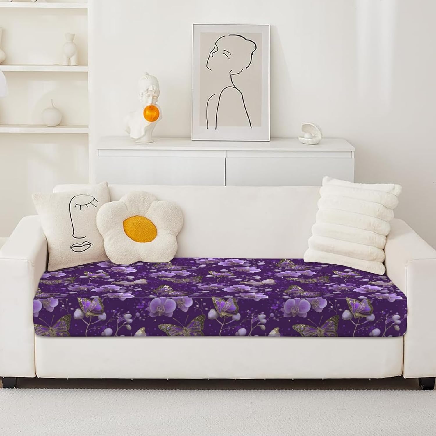 Purple Butterfly Bloom Art Loveseat Covers Couch Covers for 2 Cushion Couch, 2-Piece Stretch Sofa Slipcovers Anti-Slip Washable Furniture Protectors for Dogs Pets
