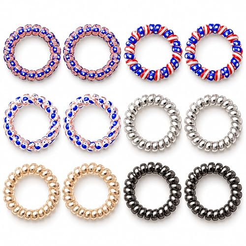 Red, White and Blue Metallic Spiral Hair Ties, 12 Pack