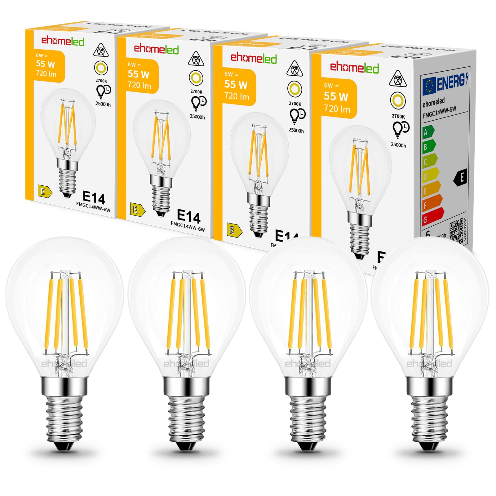 ehomeled E14 G45 LED Filament Bulbs, SES Small Edison Screw Vintage Golf Ball, 6W LED Bulb 55W Equivalent, Clear Glass 2700K Warm White, 720LM, AC 220V, Mini G45 Golf Ball, 4 Pack