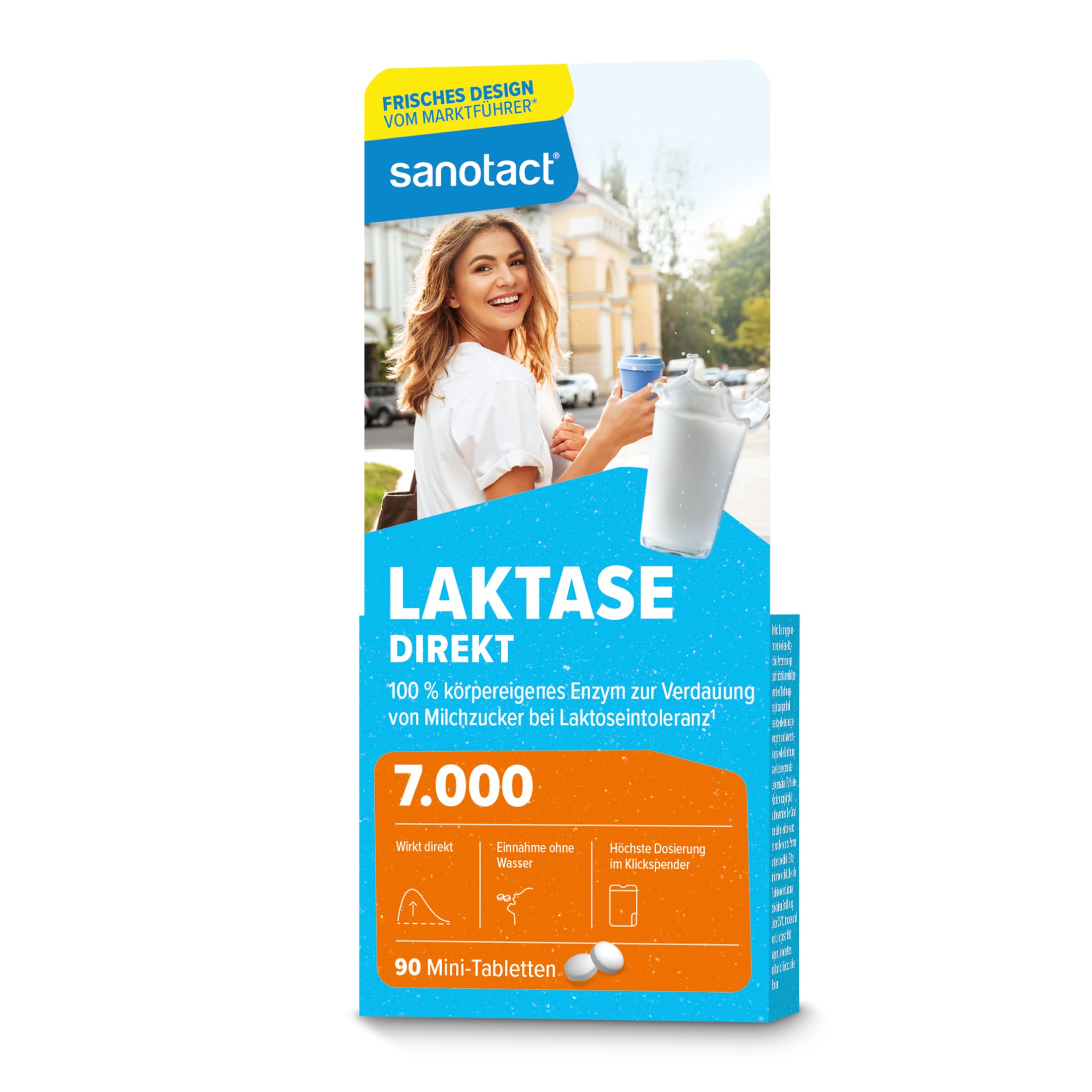sanotact Laktase 7.000 DIREKT (90 Mini Laktasetabletten) • Laktose Tabletten für jeden Tag • Bei Laktoseintoleranz, Laktose- & Milchunverträglichkeit • Schnelle Einnahme ohne Wasser