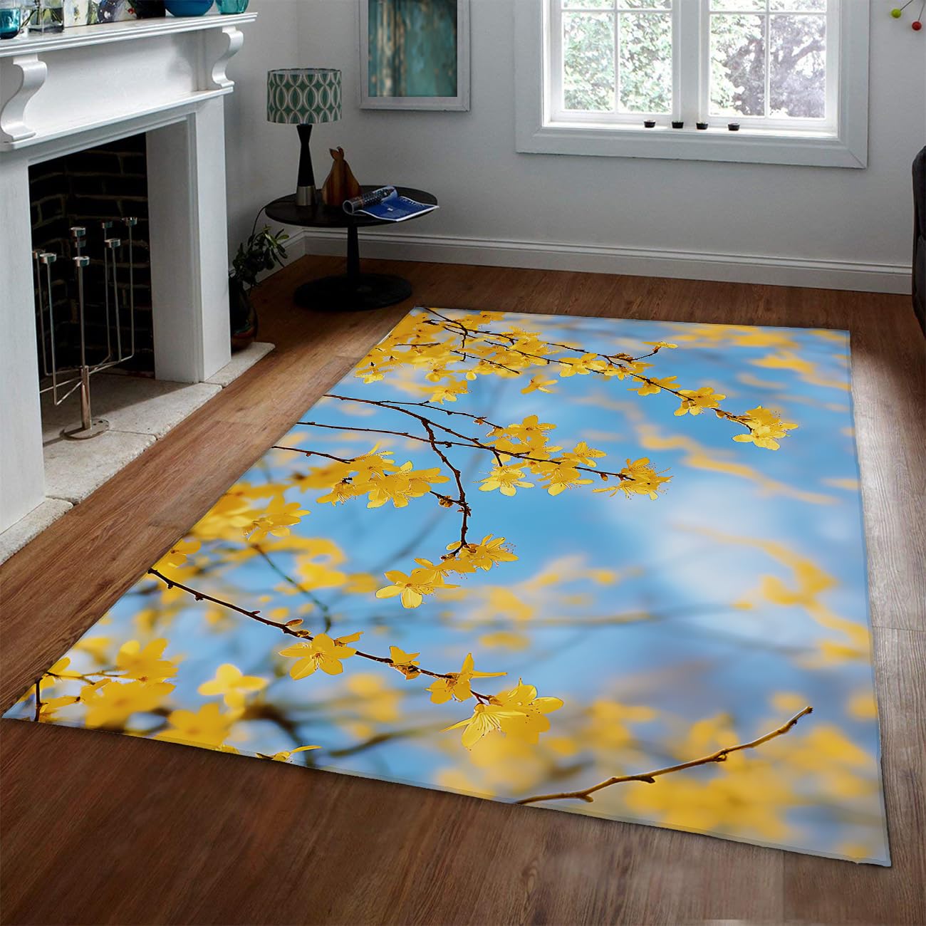 Tapis lavable antidérapant jaune pour un salon lumineux et facile à vivre