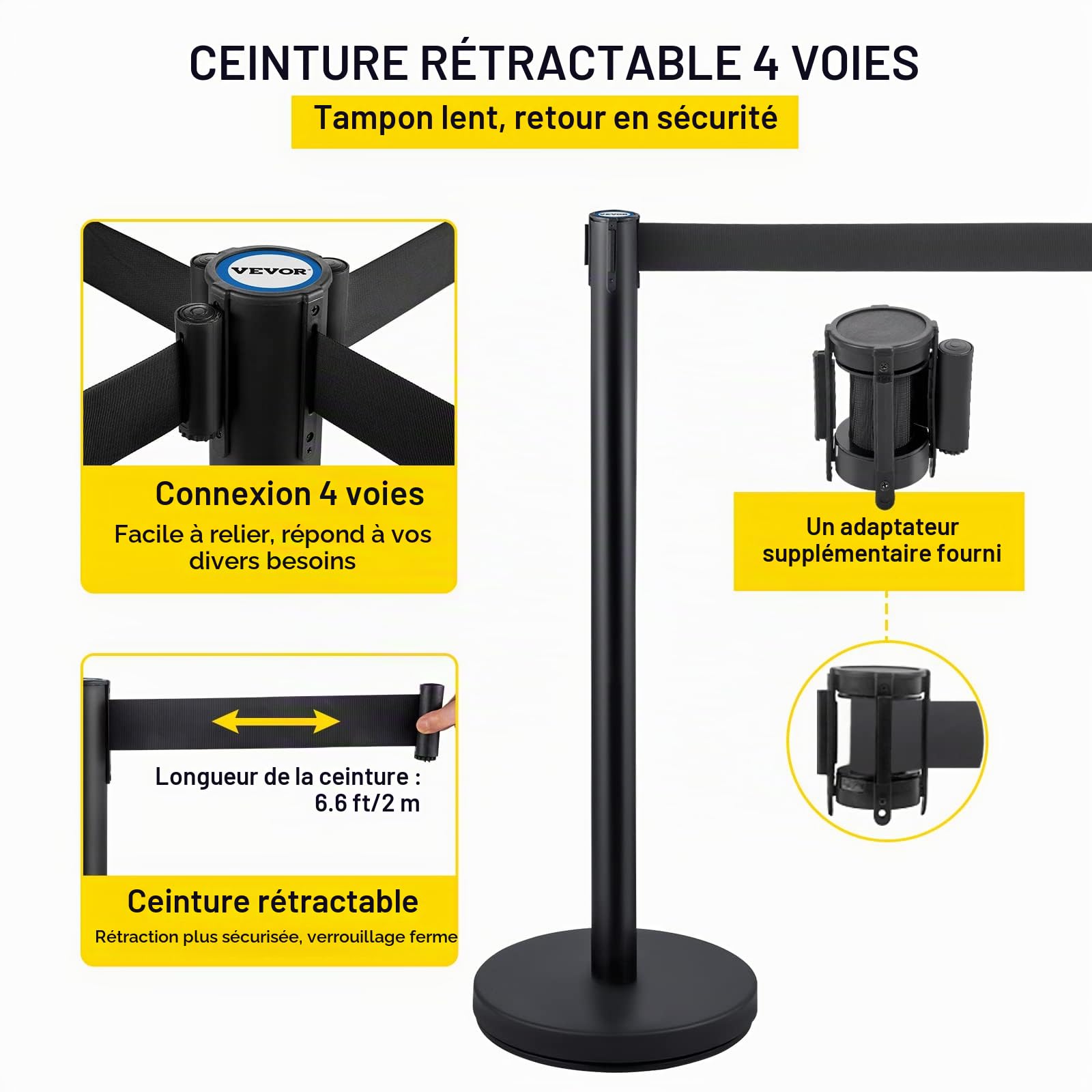 VEVOR Poteau de Guidage 6PCs 90 cm, Barrière de Balisage pour le Contrôle de Foules avec 3 Ceintures Rétractables Noires, pour Délimitation Séparation File d'Attente en Public École Théâtre Exposition