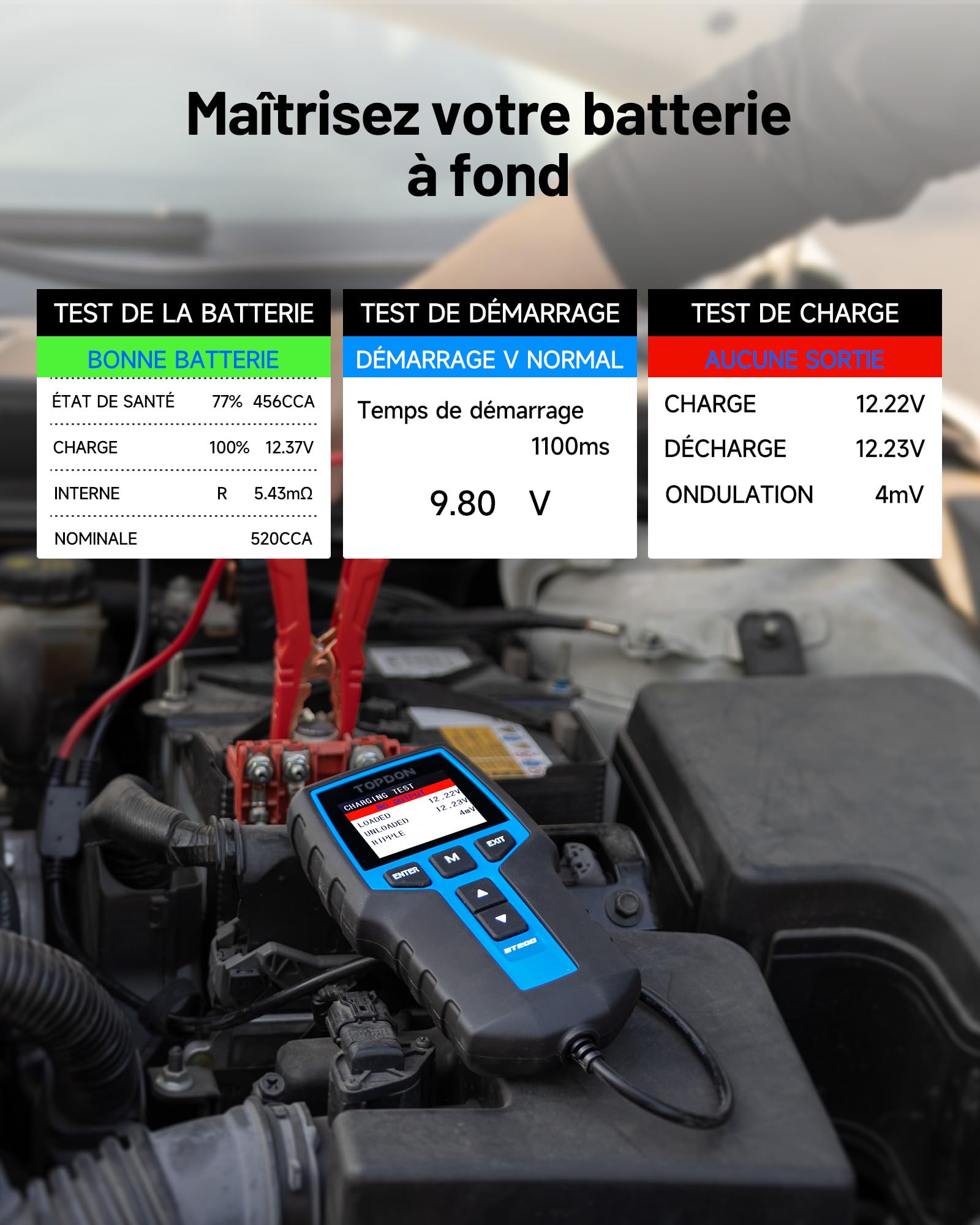 TOPDON Testeur de batterie BT200 12V 24V testeur batterie voiture Test de Lancement Test de Recharge pour Batteries 100-2000 CCA