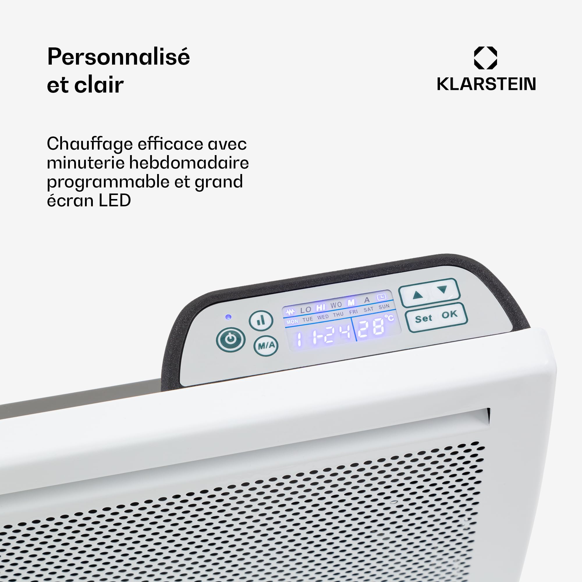 KLARSTEIN Hot Spot Slimcurve Double radiateur 2 en 1 - convection et infrarouge, protection anti surchauffe, minuterie hebdomadaire, pose murale ou sur pied, 2 pieds à roulettes, tôle, 1000 W, blanc