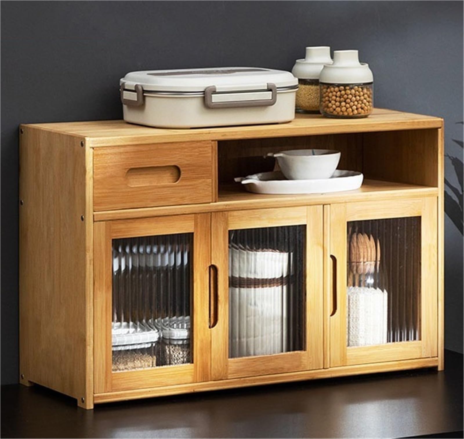 Scolapiatti,armadietti da Cucina in bambù con cassetto,mensola Tavolo,Ante Vetro,Organizer per armadietti,Struttura Solida(Naturale,62cm)