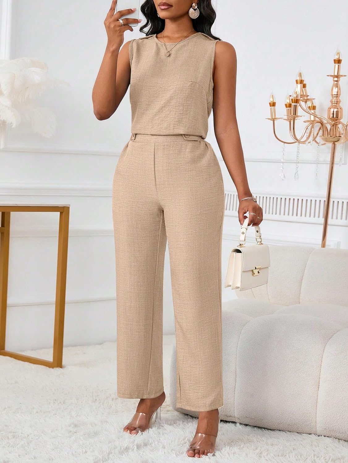 Floerns Women's 2 Piece Outfit Crew Neck Sleeveless Blouse and Dressy Pants Set - Image 4