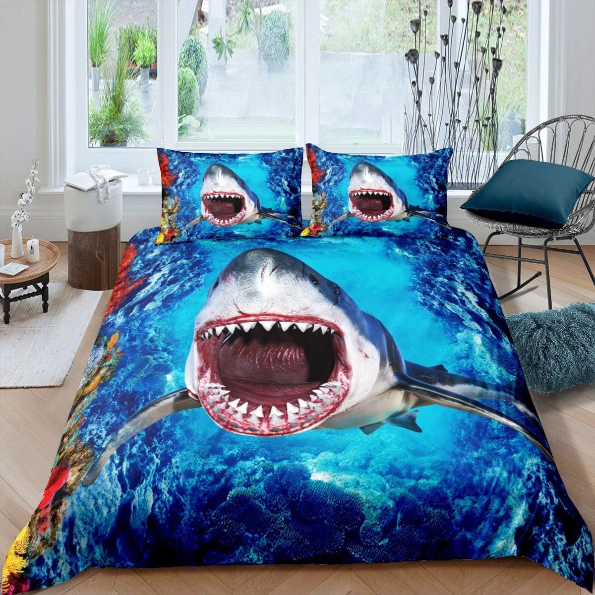 Housse de couette requin anti-allergie en microfibre zippée pour lit 1 ou 2 personnes