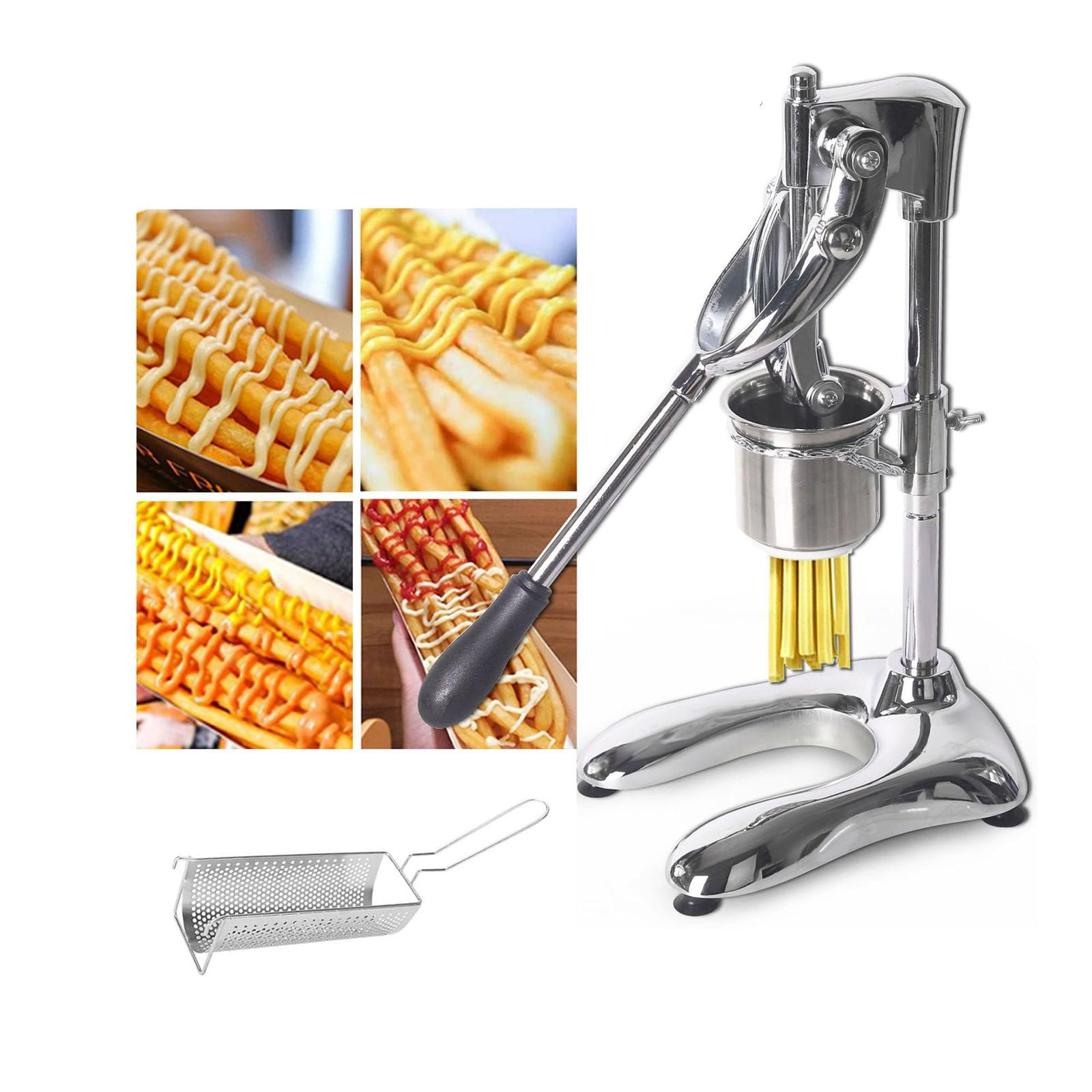 Manuelle Pommes-Frites-Streifenmaschine mit Frittierkorb, 16-Loch-Frites-Chips-Quetscher-Extruder, 30-cm-Pommes-Frites-Quetscher