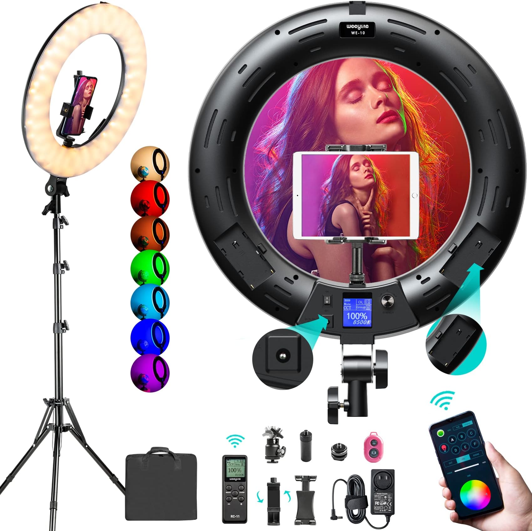 Weeylite 18 inch RGB Ring Light, App Control RGB Light Ring with Stand and Phone Holder/Remoter/Ipad Holder, Dimmable 2500K–8500K CRI 95+ LED Circle Selfie Light for TikTok Selfie Liver Stream Makeup